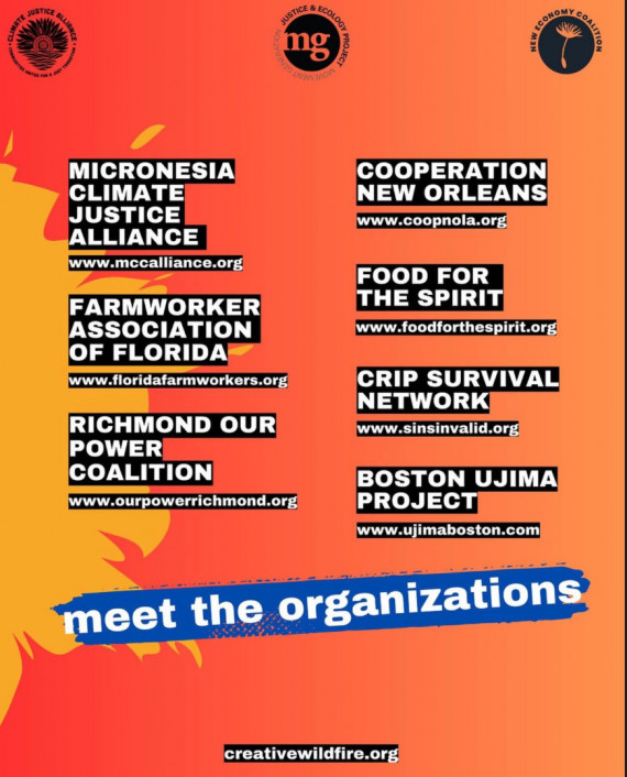 *IMAGE ID: Text reads “Meet the Organizations. Micronesia Climate Justice Alliance, Cooperation New Orleans, Farmworker Association of Florida, Food For the Spirit, Crip Survival Network, Richmond Our Power Coalition, and Boston Ujima Project.”